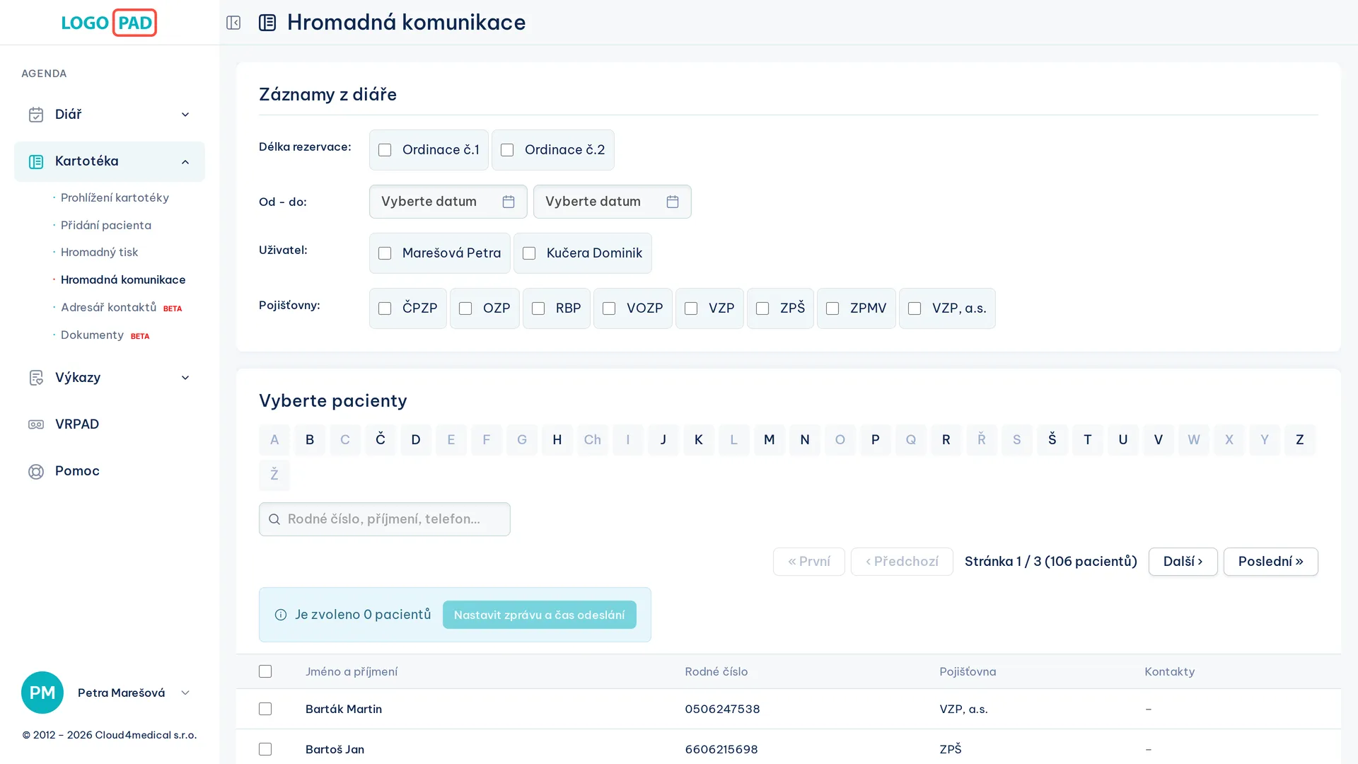 Screenshot hromadné komunikace v LOGOPAD aplikaci