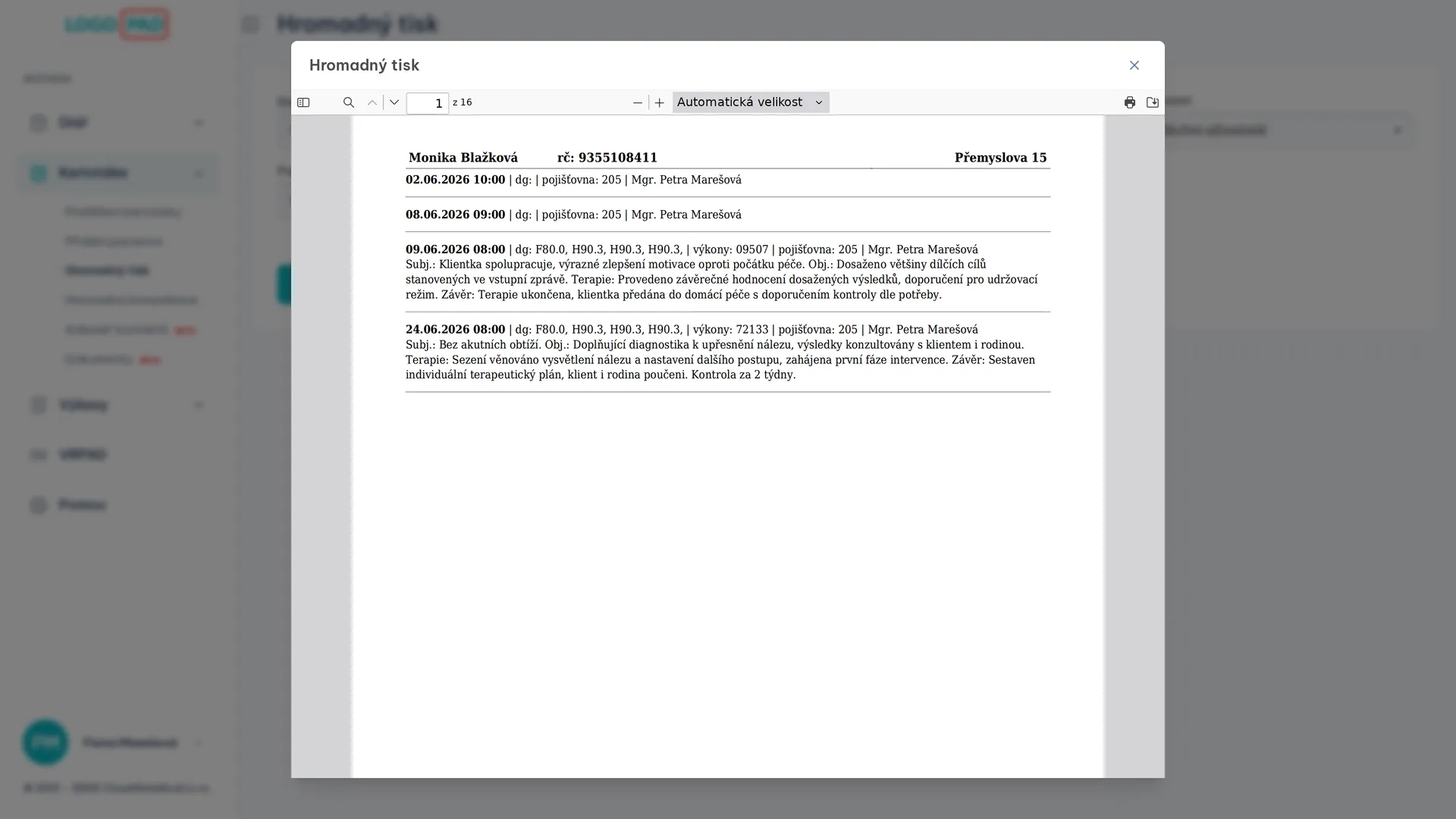 Screenshot hromadného tisku dekurzů v LOGOPAD aplikaci