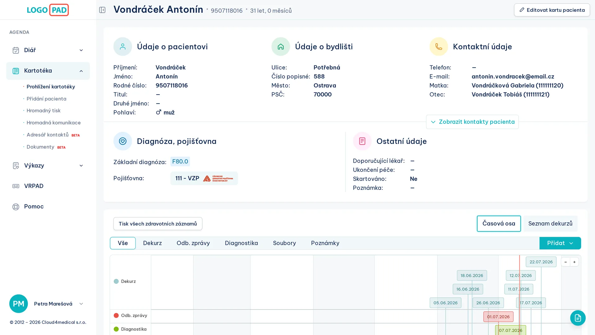 Screenshot karty pacienta v LOGOPAD aplikaci