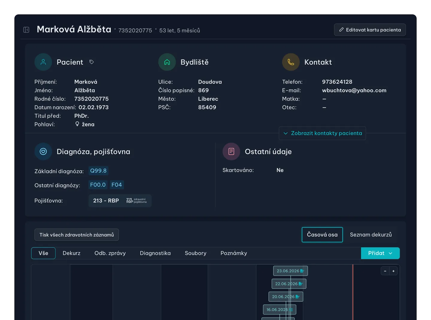 Karta pacienta v LOGOPAD aplikaci