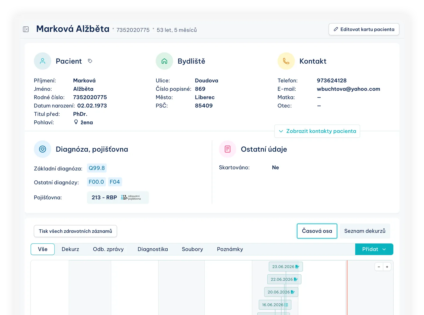 Karta pacienta v LOGOPAD aplikaci